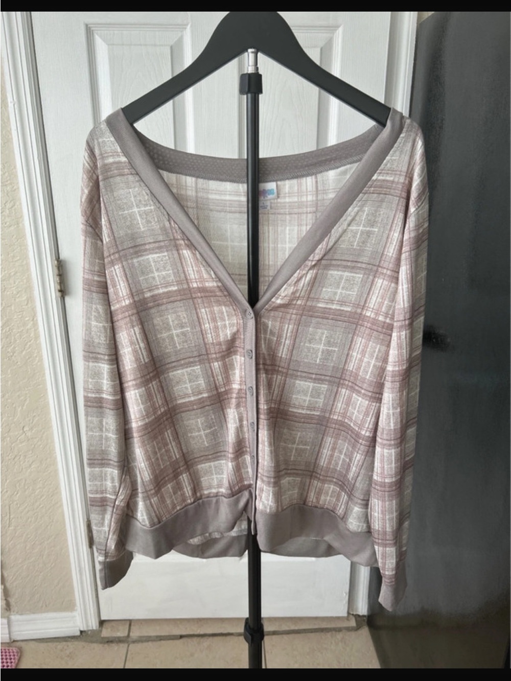 LuLaRoe V-Neck Plaid Cardigan Sweater - Soft Knit Lounge Top, Size L